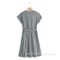 Women New Black White Plaid Lace-up Dress